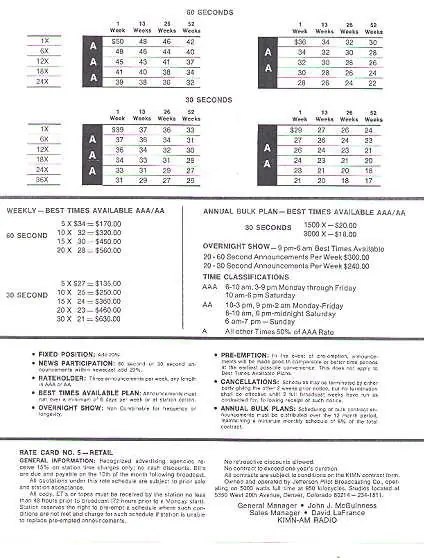 KIMN-AM rate card, 1976